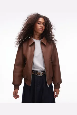 Topshop – Oversize-Bomberjacke in Hellbraun aus Kunstleder und Kunstpelz