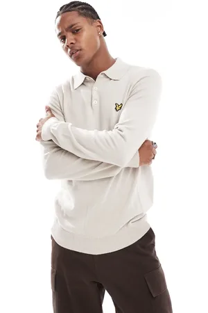 Lyle & Scott – Langärmliges Strick-Poloshirt aus Merinowolle in Stein