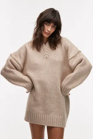 Topshop – Kurzes Oversize-Strickkleid in Hellbeige mit hohem V-Ausschnitt