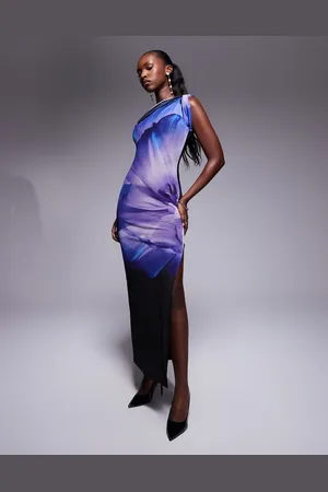 Kaiia – Netzstoff-Maxikleid mit hohem Schlitz, verdrehtem Detail, One-Shoulder-Träger und Blumenmuster