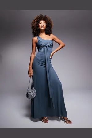 ASOS – Modellierendes One-Shoulder-Maxikleid aus Jersey in Anthrazit mit geknotetem Schärpendetail an der Brust
