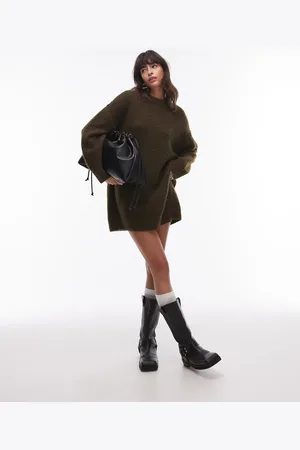 Topshop – Kurzes Oversize-Strickkleid in Khaki mit Rundhalsausschnitt und Sichtnaht