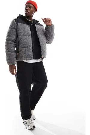 Brave Soul – Teddyfell-Pufferjacke in Grau mit farblich abgesetztem Stoffdetail