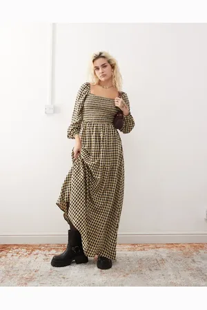Daisy Street – Gesmoktes, kariertes Maxikleid in Schwarz und Beige