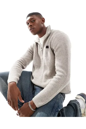 G-Star – Pullover aus schwerem Strick in Beige meliert mit kurzem Reißverschluss