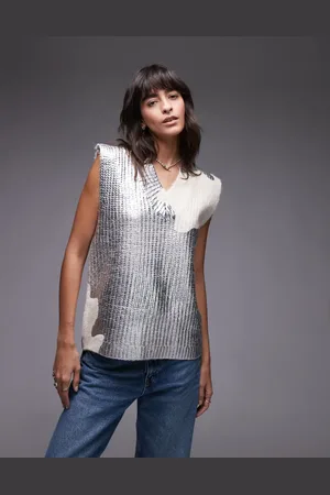 Topshop – Lässiger Strickpullunder mit Metallic-Silberprint und Zopfmuster