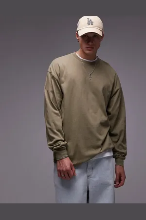 Topman – Langärmliges Oversize-T-Shirt in verwaschenem Khaki