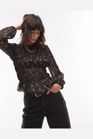 Topshop – Asymmetrisches, gesmoktes Oberteil in transparentem mit Blümchenmuster