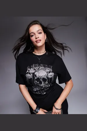 ASOS ASOS DESIGN Curve – T-Shirt in mit Hotfix-Totenkopf und Korsett-Detail in der Taille