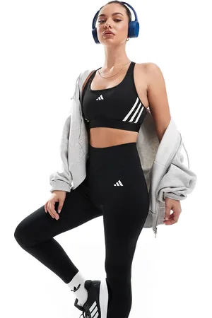 adidas Adidas Training – Essentials – Sport-BH in Blau mit mittlerer Stützfunktion und 3 Streifen