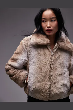 MANGO – Jacke aus Kunstpelz in Beige mit großem Kragen