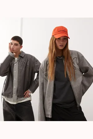 COLLUSION Unisex – Harrington-Jacke aus Kunstleder in mit Markenlogo und Used-Details