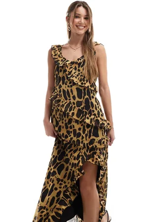 VERO MODA – Chiffon-Maxikleid in Natur mit Rüschen und Leopardenmuster