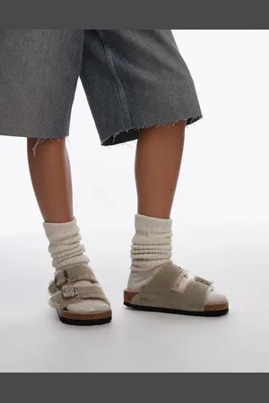 Birkenstock – Unisex – Arizona – Wildleder-Sandalen in Taupe mit Lammfellbesatz
