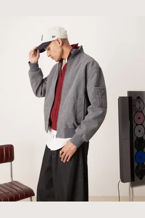 ASOS – Oversize-Bomberjacke in grauer Wolloptik mit Stehkragen