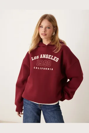 Miss Selfridge – Kapuzenpullover in Burgunderrot mit „Los Angeles“-Print