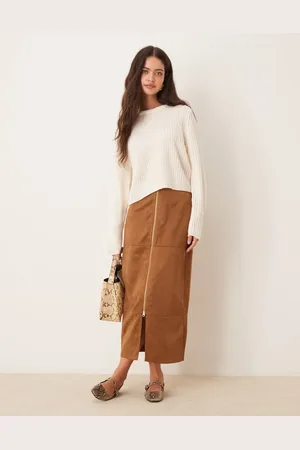 ASOS – Maxirock aus Wildlederimitat in Braun mit Reißverschlussdetail