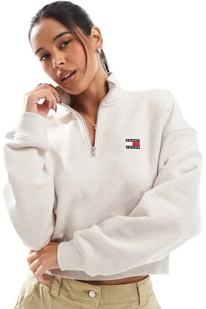 Tommy Hilfiger – Kastig und kurz geschnittenes Sweatshirt in Weiß mit kurzem Reißverschluss