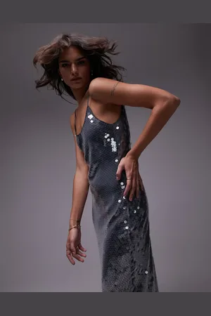 Topshop – Maxi-Trägerkleid mit Paillettenbesatz in Stahlgrau