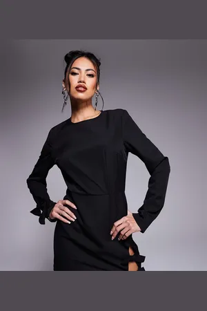 In The Style X Perrie Sian – Exklusives, langärmliges Minikleid in strukturiertem mit Schleifendetail