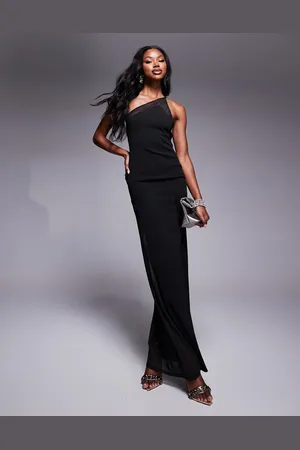 ASOS – Maxikleid in schwarzer Neopren-Optik mit One-Shoulder-Träger und durchsichtigem Netzstoff-Einsatz