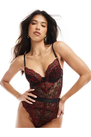 Ann Summers – Hold Me Tight – Body aus Spitze in Schwarz und Rot mit Bügeln