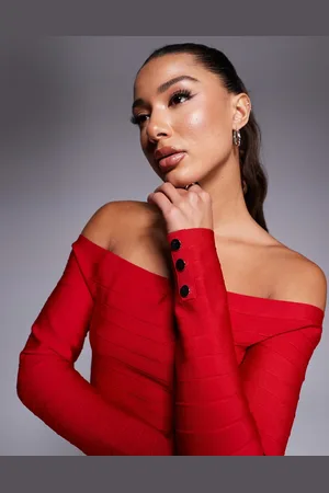 River Island – Geripptes Oberteil in Dunkelrot mit Carmen-Ausschnitt