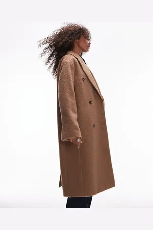 Topshop – Zweireihiger, angerauter Mantel in kamelbrauner Wolloptik