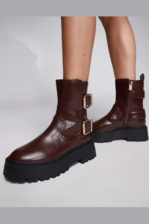River Island – Biker-Stiefel in Burgunderrot mit dicker Sohle