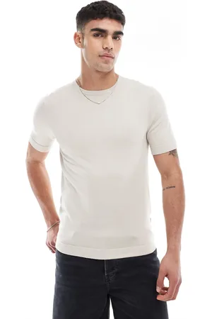 Only & Sons – Gestricktes, kurzärmliges T-Shirt in Beige
