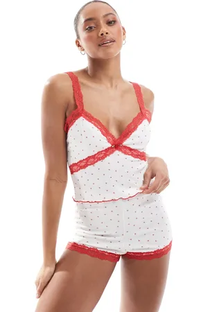 The Frolic – Exklusives Pyjama-Camisole aus Pointelle mit Herzmuster und roter Spitzenborte, Kombiteil