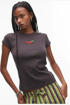 Topshop – Alltags-T-Shirt in Anthrazit mit Chili-Stickerei