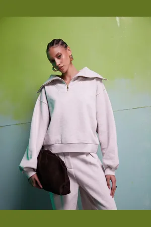 ASOS – Schweres Sweatshirt in Hellbeige mit kurzem Reißverschluss, Kombiteil