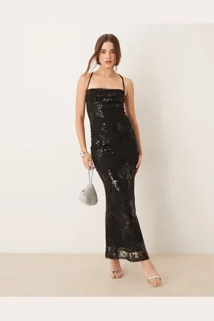 Gina Tricot – Stretch-Maxikleid in Metallic- mit Jacquard-Blumenmuster und Rückenausschnitt