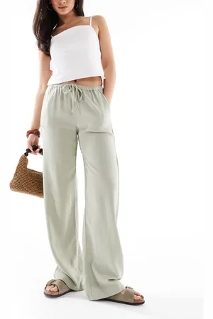Pull&Bear – Hose im Leinenlook in Salbeigrün mit hohem Bund