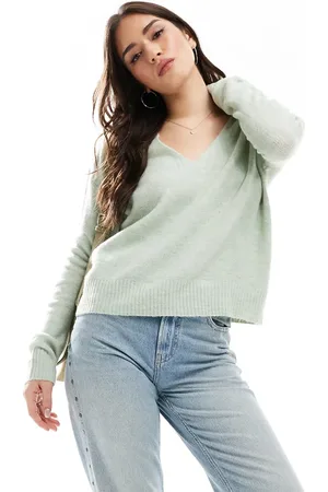 JDY – Langärmliger Strickpullover in Hellgrün mit V-Ausschnitt