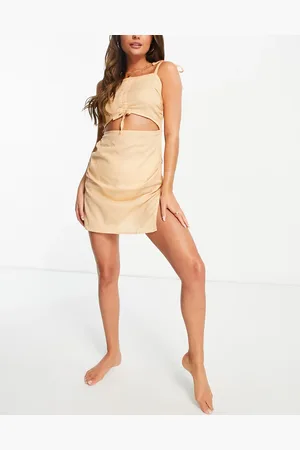 ASOS – Mini-Strandkleid in blassem Korallenrot mit gebundenen Trägern und geraffter Vorderseite