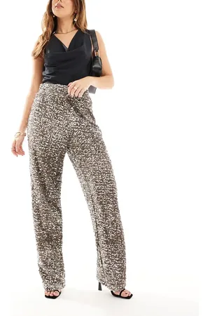 Pieces® – Velours-Hose in Taupe mit weitem Schnitt und Paillettenbesatz
