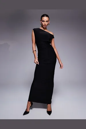 Fashionkilla – Ärmelloses, gerafftes und geschmeidiges Bodycon-Maxikleid in mit zweilagigem, asymmetrischem Ausschnitt