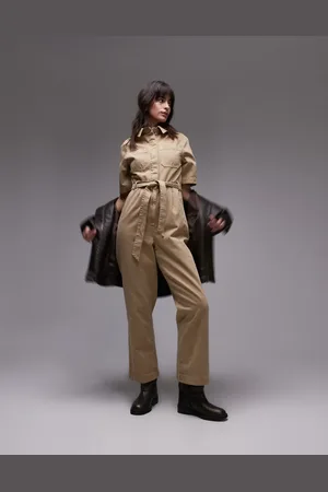 Topshop – Kurzärmliger Jumpsuit in Steinbeige