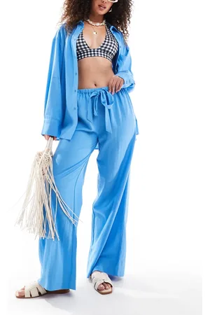 ASOS – Isabel – Mix & Match – Strandhose in blauer Leinenoptik mit Bindegürtel