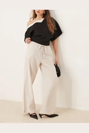 Gina Tricot – Weite Hose aus Leinenmix in Beige mit Kordelzug im Bund