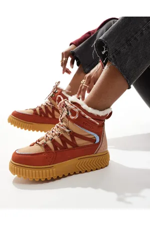 sorel – ONA AVE Trek WP – Wasserdichte Schnürstiefel aus Leder in Blutrot und Arctic Sea-Blau mit Fleece-Futter
