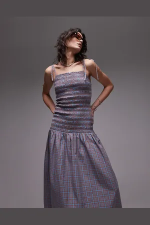 Topshop – Midi-Trägerkleid in kariert mit Raffung