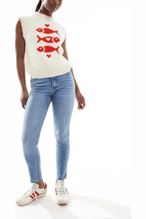 Pull&Bear – Enge Jeans mit hohem Bund in Mittelblau