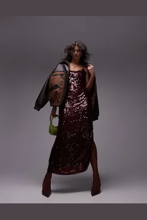 Topshop – Hochwertiges Maxi-Trägerkleid mit Paillettenbesatz in Ochsenblut