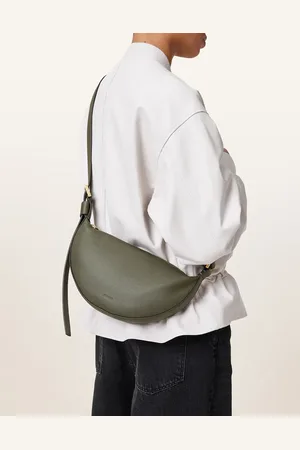 AllSaints – Halbmondförmige Umhängetasche aus Leder in Military