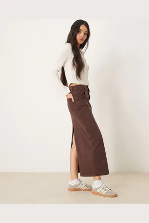 ASOS – Maxirock aus Denim mit Braunstich und Schlitz hinten