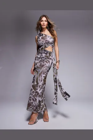 ASOS – Midikleid aus Mesh mit abstraktem Wirbelprint, asymmetrischem One-Shoulder-Träger und langen Bindeband