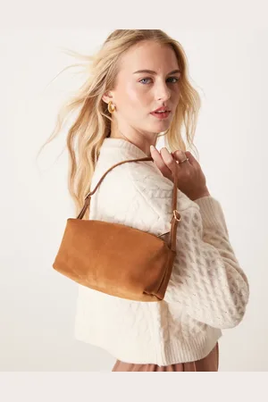 ASOS – Kastige Wildleder-Schultertasche in Hellbraun mit Schnallendetail